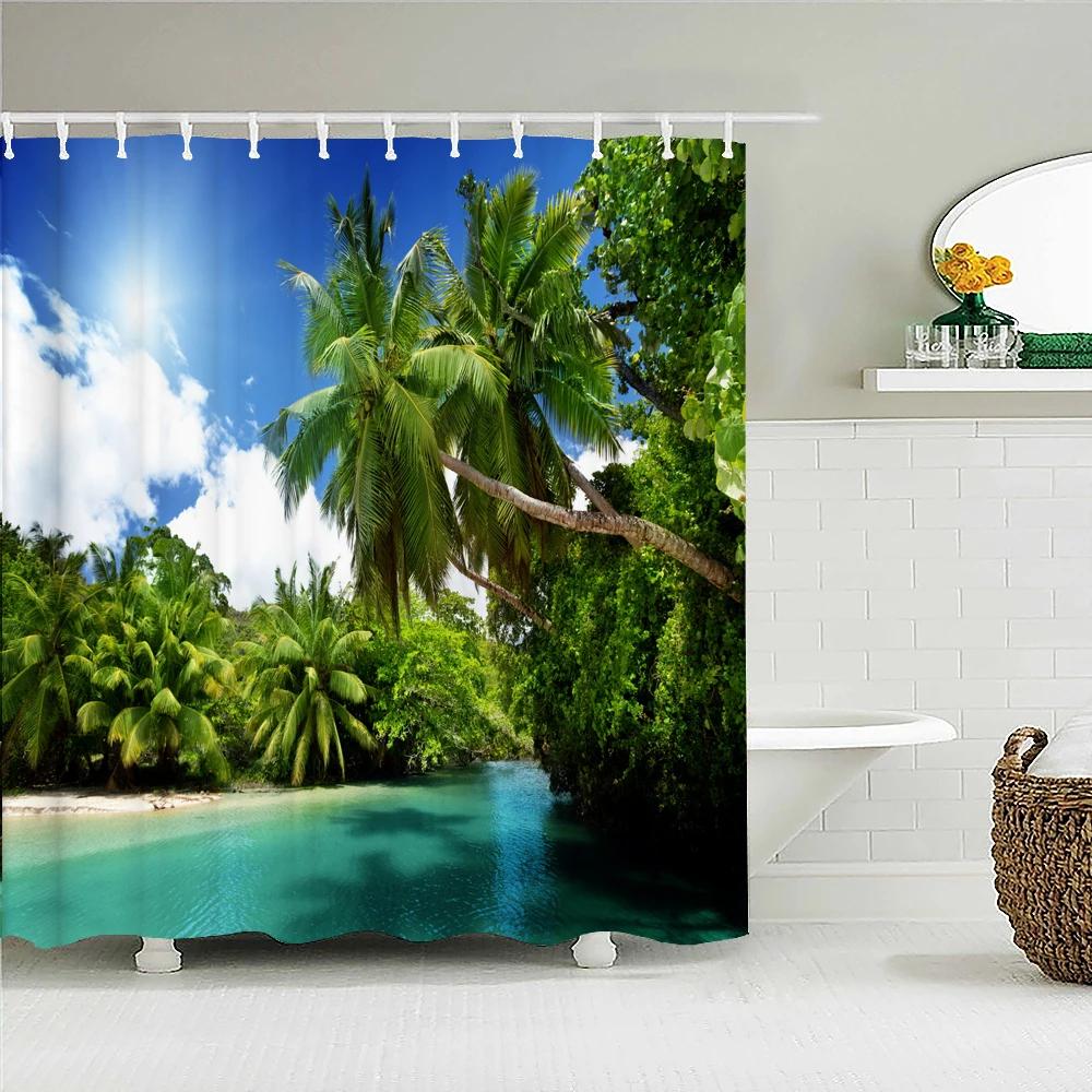 Ocean Sunrise Shower Curtain Summer Beach Tropical Palm Tree Hawaiian Sunset Coastal Scenery Sea Wave Bath Curtain With Hooks