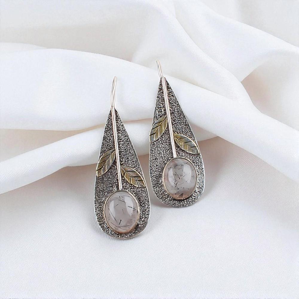 Natural Black Rutile Gemstone 925 Sterling Silver Jewelry Handmade Earrings2.00" EE-72-25