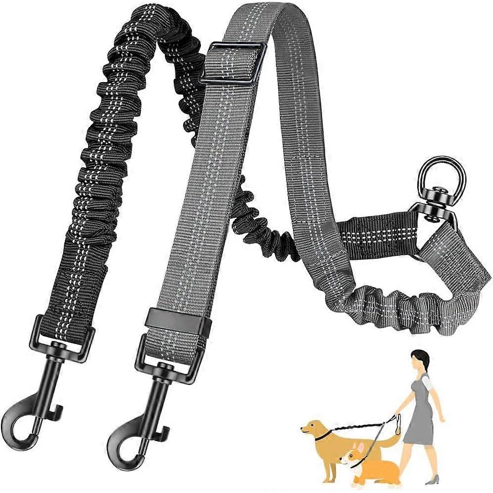 2-in-1 Doppelleine für Hunde, verbesserte Version, mit verstellbaren Riemen und stoßdämpfendem elastischem Seil, Schwarz Grau
