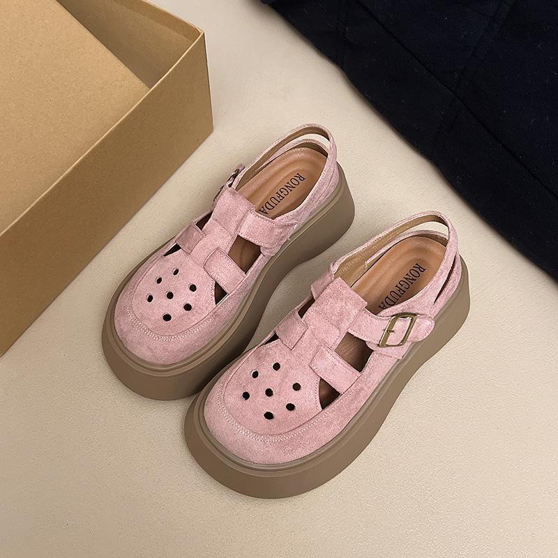 Soft leather sandals women's 2025 summer new thick-soled heightening bag head hollow outer wear all-inclusive shoes single shoes