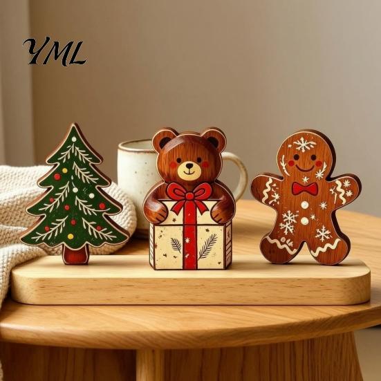 Desktop Christmas Tree Decor Wooden Ornaments, Vintage Colorful Decoration, Rustic Holiday Wood Figurines Reindeer for with Pine Cones Bows