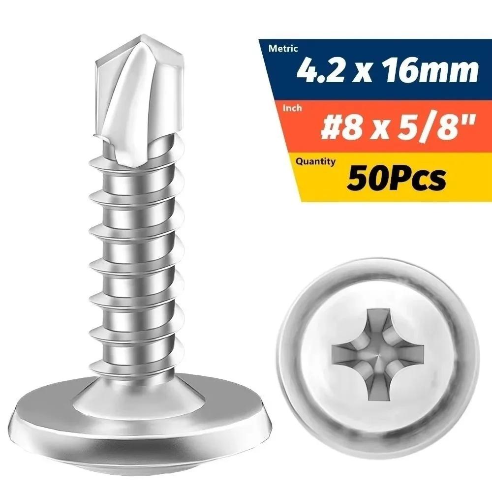 50PCS Stainless Steel Self Tapping Screws Flat Head Cross Phillips Metal Screws High-Strength Round Washer Self Drilling Screws