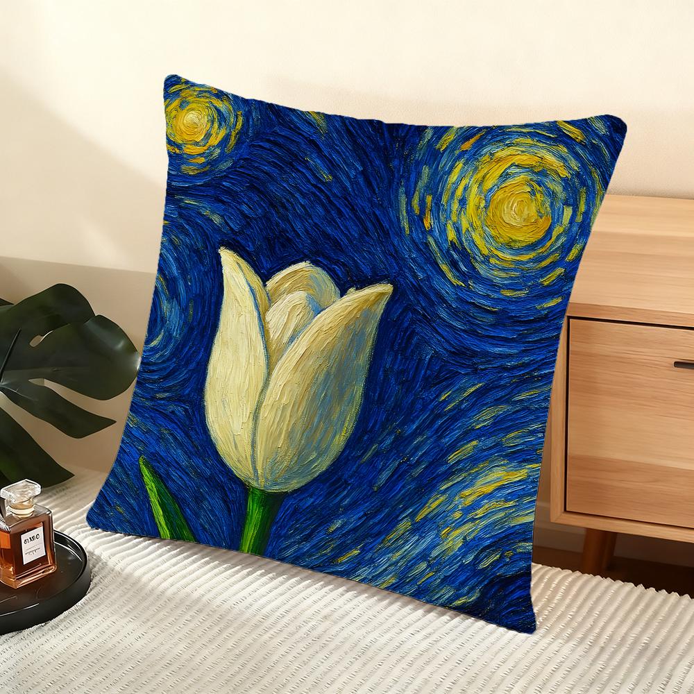 Poszewka na poduszkę Jedwabista Krótka Pluszowa Domowa Poszewka na Poduszkę Sofy - Niewidoczny Zamek Dekoracja Domu Dzieła Van Gogha