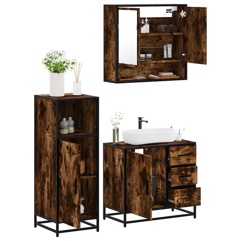 3 Piece Bathroom Furniture Set Smoked Oak Wood Based Material