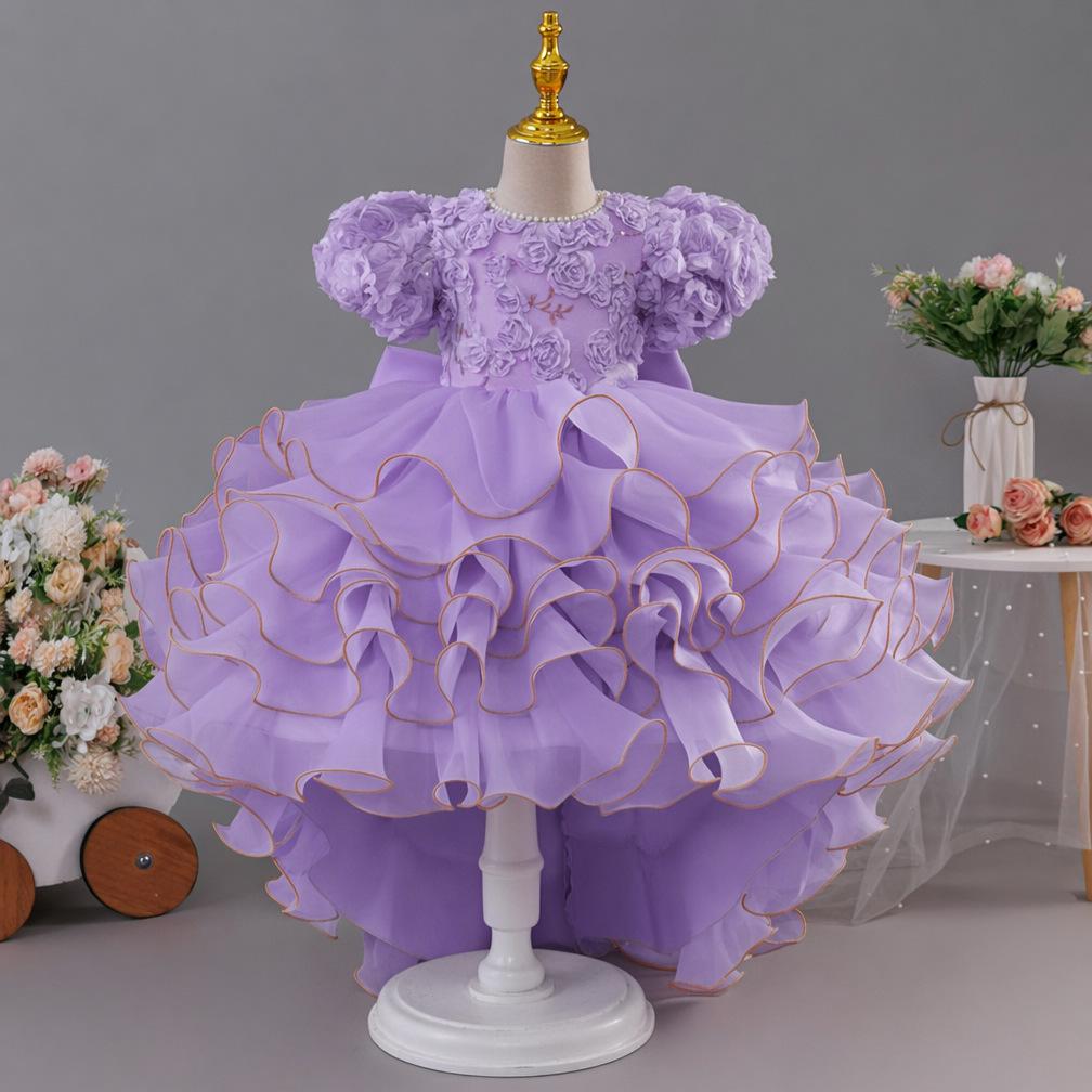 Europäisches und Amerikanisches Blumenmädchen Prinzessin Tüllkleid mit Schleifenschleppe - Hochzeits- & Modenschau-Kleid 130 cm violett
