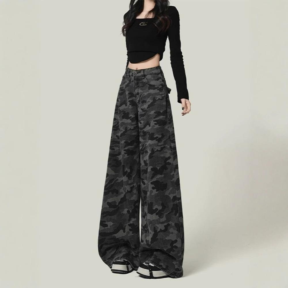 High-waisted Workwear Denim Camouflage Wide-legged Trousers Female Loose Straight Big Yards Casual Trousers Jeans for Women Long Denim Pants