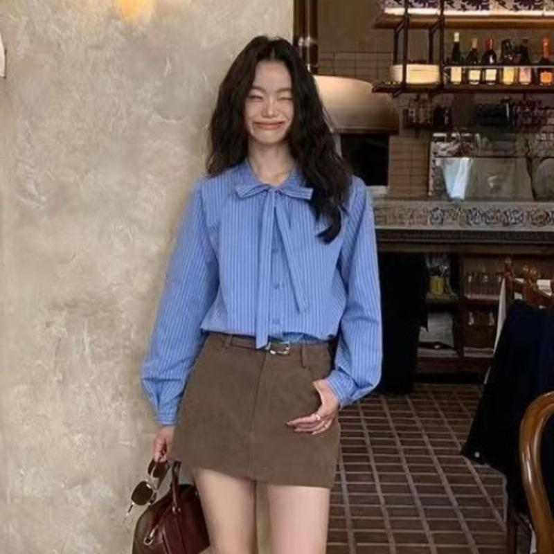 Blue Striped Women's Shirt Bow Design Fashionable Long Sleeved Shirts Commuting Style Ladies Waist Cinched Design Top