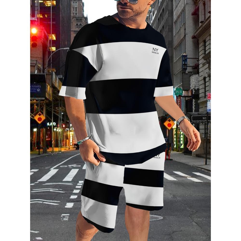 Fashionable Men's Summer Striped Print Micro Elastic Breathable Round Neck T-shirt Shorts Set
