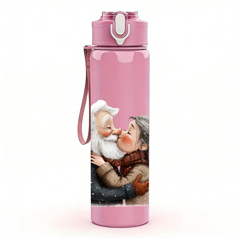 1PC Warm Hug Old Couple Portrait Pattern 750ml Color Plastic Sports Water Bottle Leakproof Flip Straw Lid Suitable for Sports Office Home Use