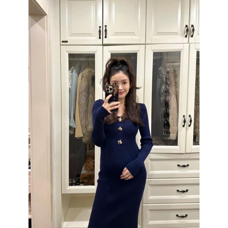 

Ретро синее вязаное платье темперамент высокая талия тонкое квадратный вырез свитер юбка низ длинная юбка осень и зима женщины XL королевский синий