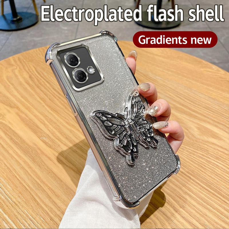 Luxury Plating Shockproof Butterfly Holder Phone Case For Motorola Moto G84 G54 G82 5G G52 G71S G10 G20 G30 Glitter Soft Cover