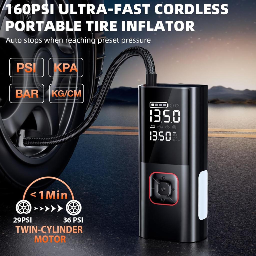 Portable 5000A Jump Starter with Air Compressor, 160PSI Auto-Shutoff Inflator, LED Light, 12V Car Battery Jumper Box with Cables