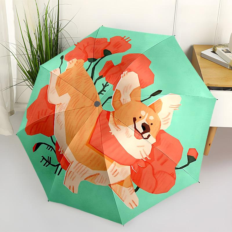 1pc Corgi, Flowers Automatic Folding Umbrella - Portable Collapsible Design, 8-Rib Iron Frame, Casual Outdoor Accessory Yy251215211