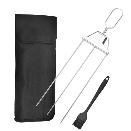 3-Prong Grill Skewers, Stainless Steel BBQ Skewers with Pusher, Rust-proof Grill Sticks for Meat Vegetables Chicken Shrimp, Outdoor Cooking Essential