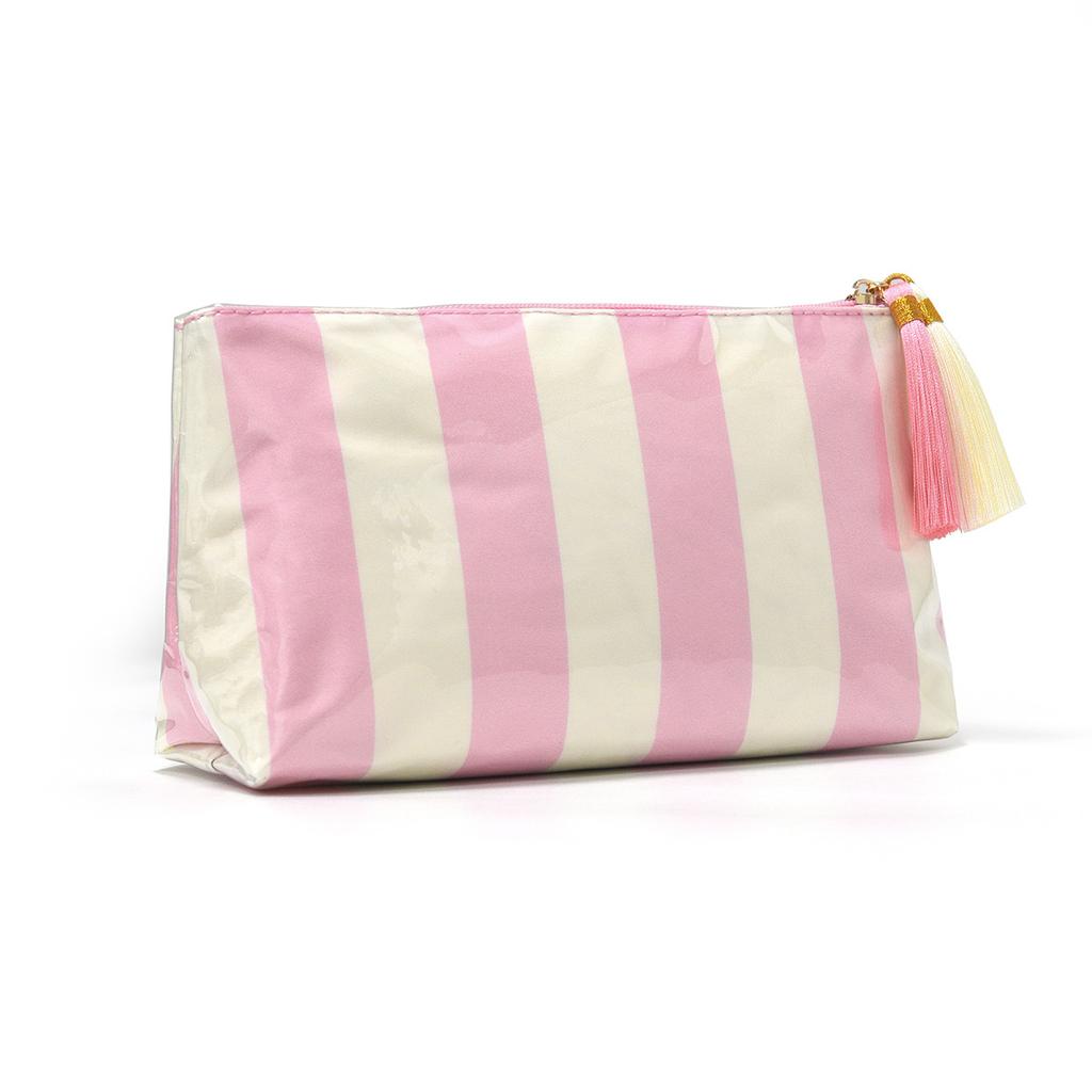 Striped PU Tassel Zipper Makeup Bag Multi Colored Striped Design Large Capacity Portable Travel Skincare Grooming Storage Bag