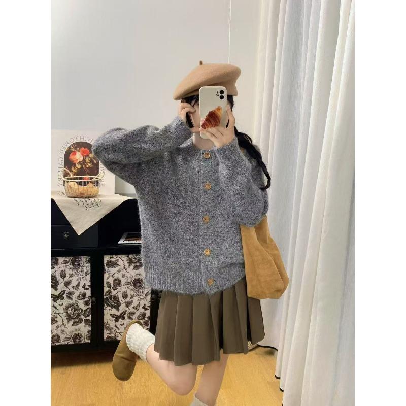 Flower thread knitted cardigan women's clothing autumn and winter new lazy wind loose retro sweater jacket women