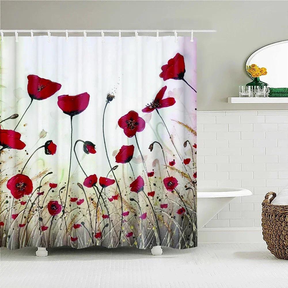 Retro Blooming Flowers Shower Curtains Bathroom Curtains Waterproof Polyester Bath Curtain with 12 Hooks Shower Curtain
