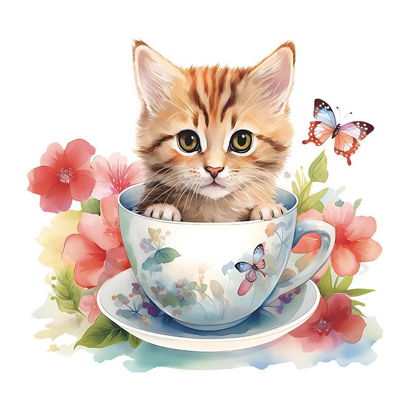 Cute Cat Wall Stickers Waterproof Vinyl Decals Tea Cup Design Pet Store Decor Bathroom Kitchen Removable Peel Stick Home Decor