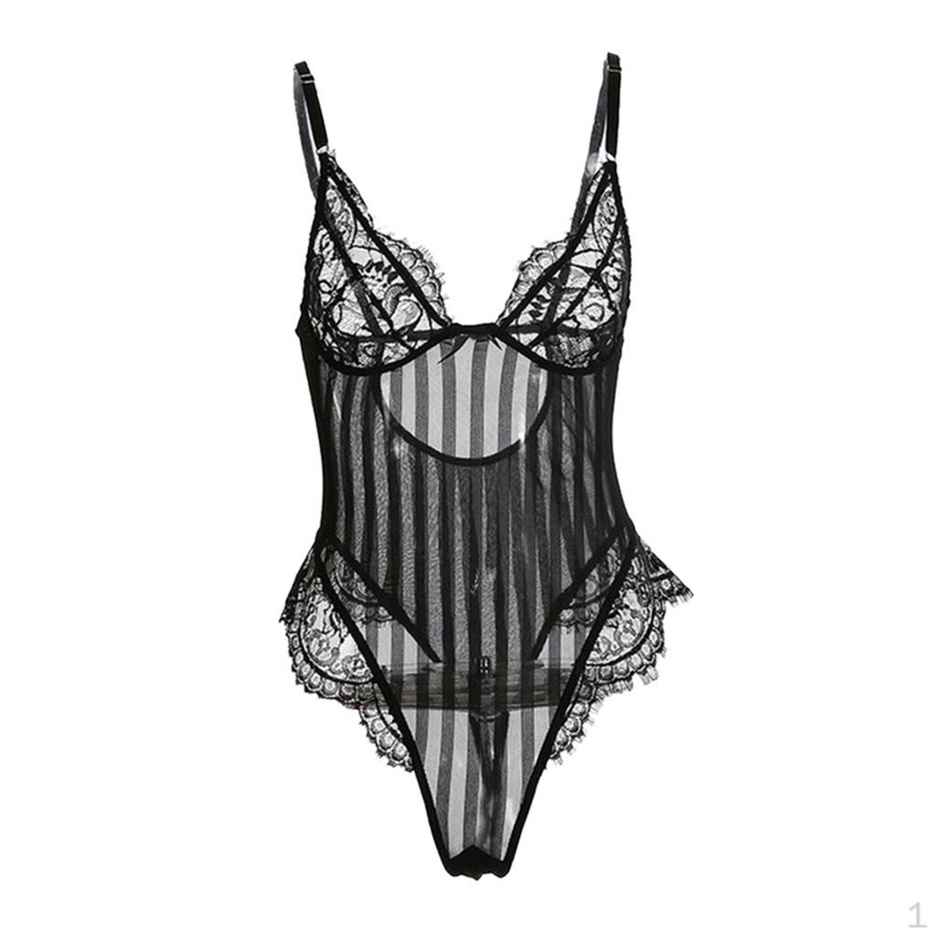 

Боді-тедді з мереживною вишивкою та смугами, глибоким вирізом L чорний