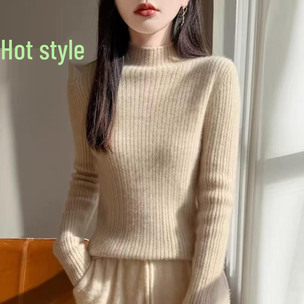 Women's Slim Fit Wool Mock Neck Cable Knit Sweater