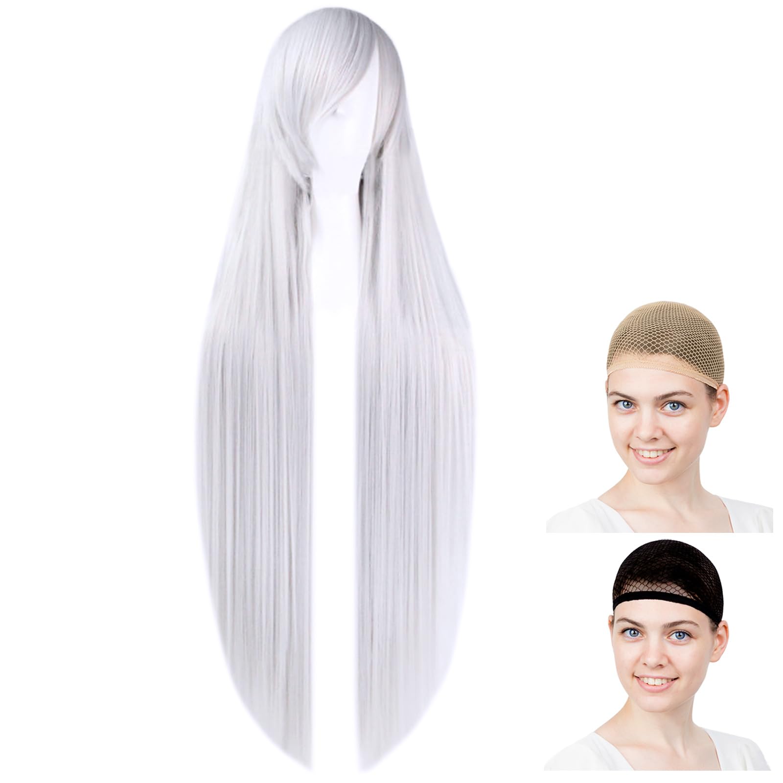 

CaseEden Cosplay Термостойкий Светло-Серебристый Серебристый Набор из 2 Сеток для Парика Парик, Длинный, Прямой, 100см, Термостойкий, Серебристый, Белый, Волосы,