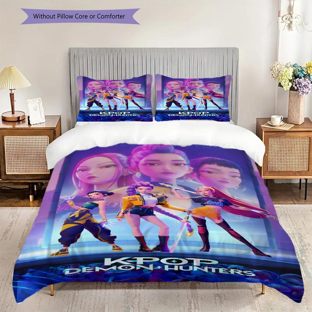 Kpop Demon Hunters Action Three-piece set (1 * duvet cover + 2 * pillowcase, without core) 2D Flat Soft and comfortable Bedding set