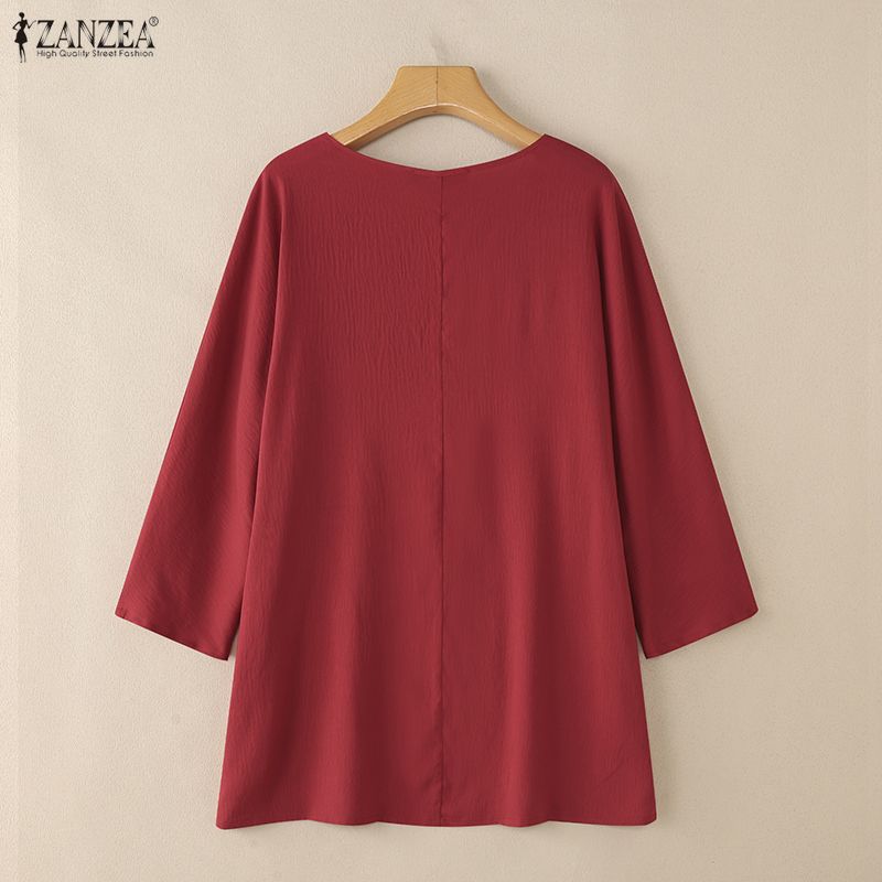 ZANZEA Women Casual V-Neck Loose 3/4 Sleeve Solid Blouse