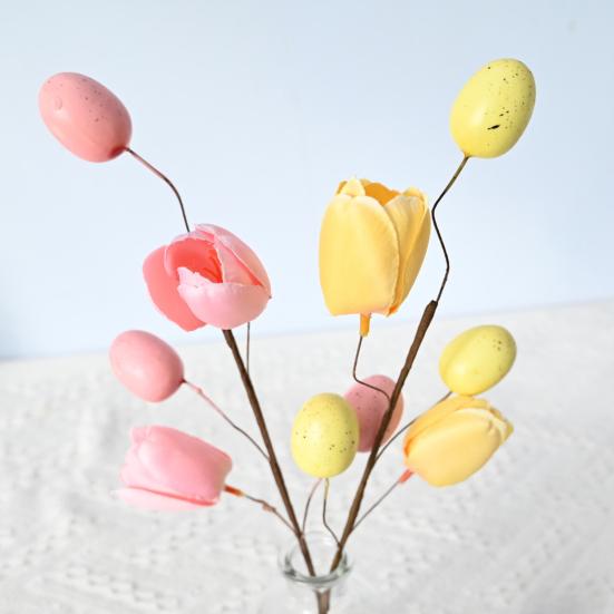 Easter Eggs Picks Spring Artificial Tulip Flower Stem with Eggs Floral Arrangement for Home Vase Filler Table Centerpiece