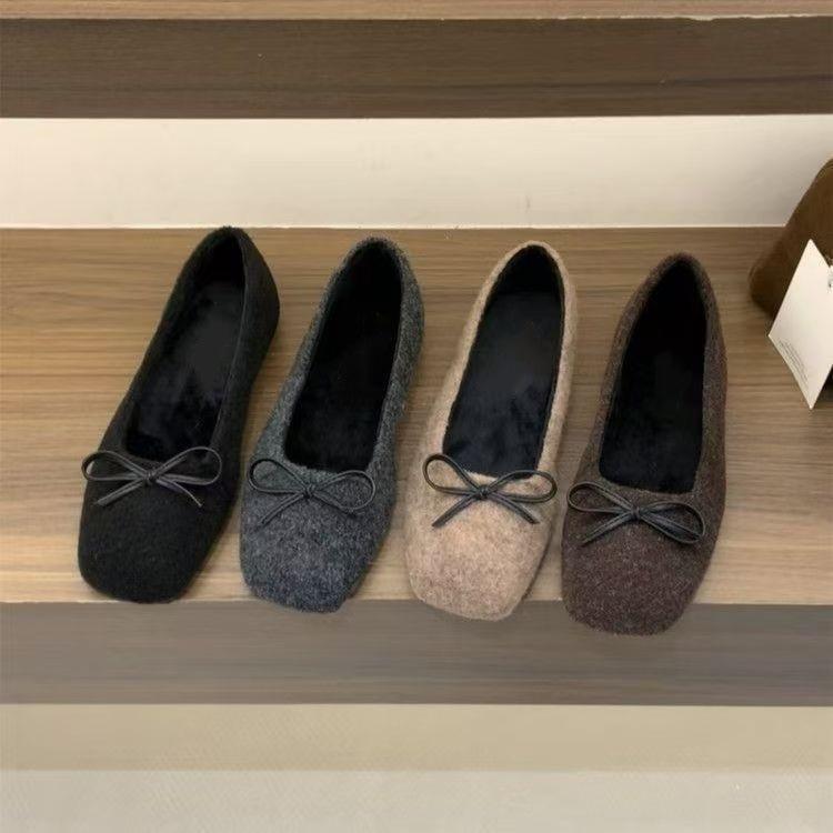 Suede Square Head Bow Single Shoes Women's Early Spring New Gentle Evening Breeze Mary Jane Doudou Shoes Women's Skirt