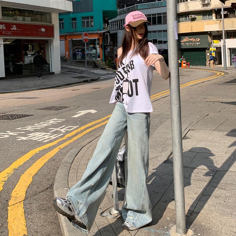 Lazy Ripped Jeans for Women Spring Loose Mid-waist Wide-leg Jeans for Women Wide-leg Jeans for Women Ripped Jeans for Women Slimming