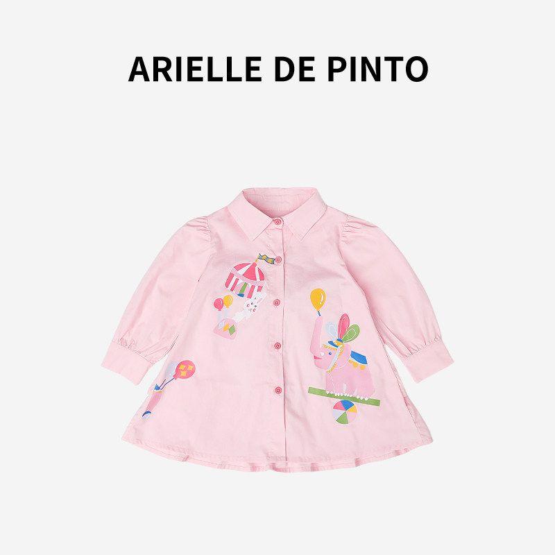 French Arielle De Pinto Girls  Dress, Spring and Autumn Fashionable and Sweet Shirt Dress with Bow on the Back Pink 90
