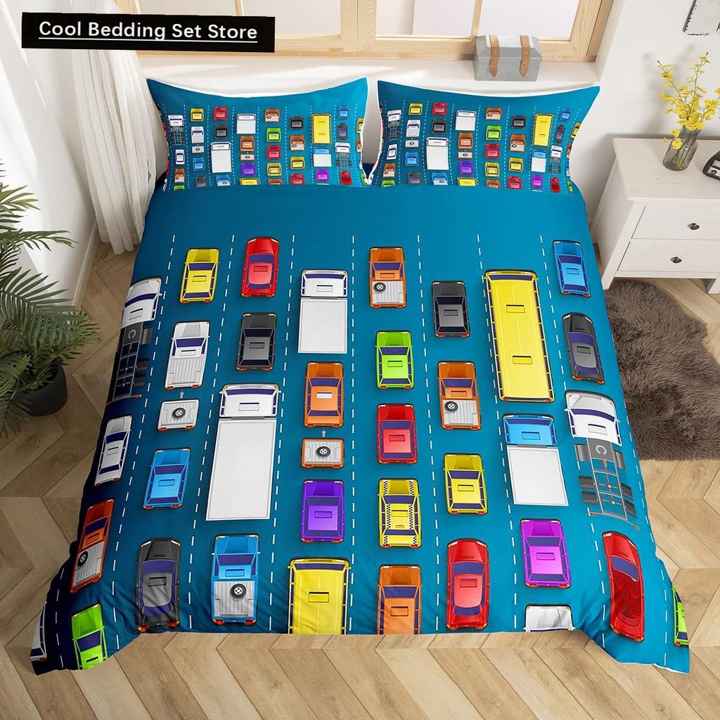 Gelbes Taxi Auto King Queen Bettbezug Jungen Cartoon Transport Bettwäscheset Rosa Stadtlandschaft Steppdeckenbezug Polyester Bettdeckenbezug