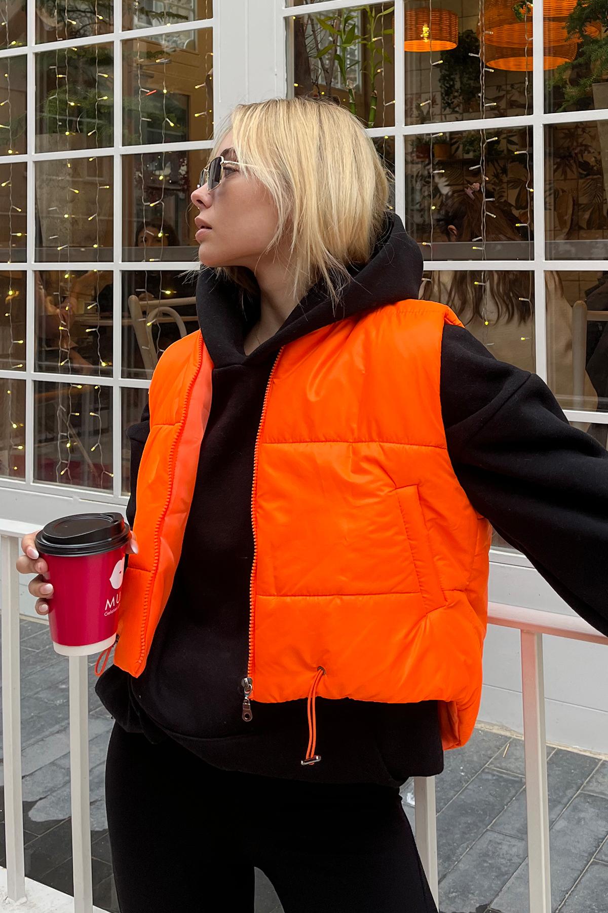 

Women s Vest New Season Fashion Orange Stand Collar Double Pocket Full Filling Waist Adjustable Puffer Vest S sinopia кольору