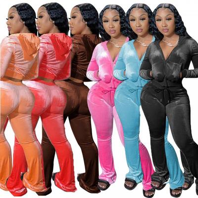 European & American Solid Color Gold Velvet Hooded Sweater and Wide-Leg Pants Two-Piece Set for Women