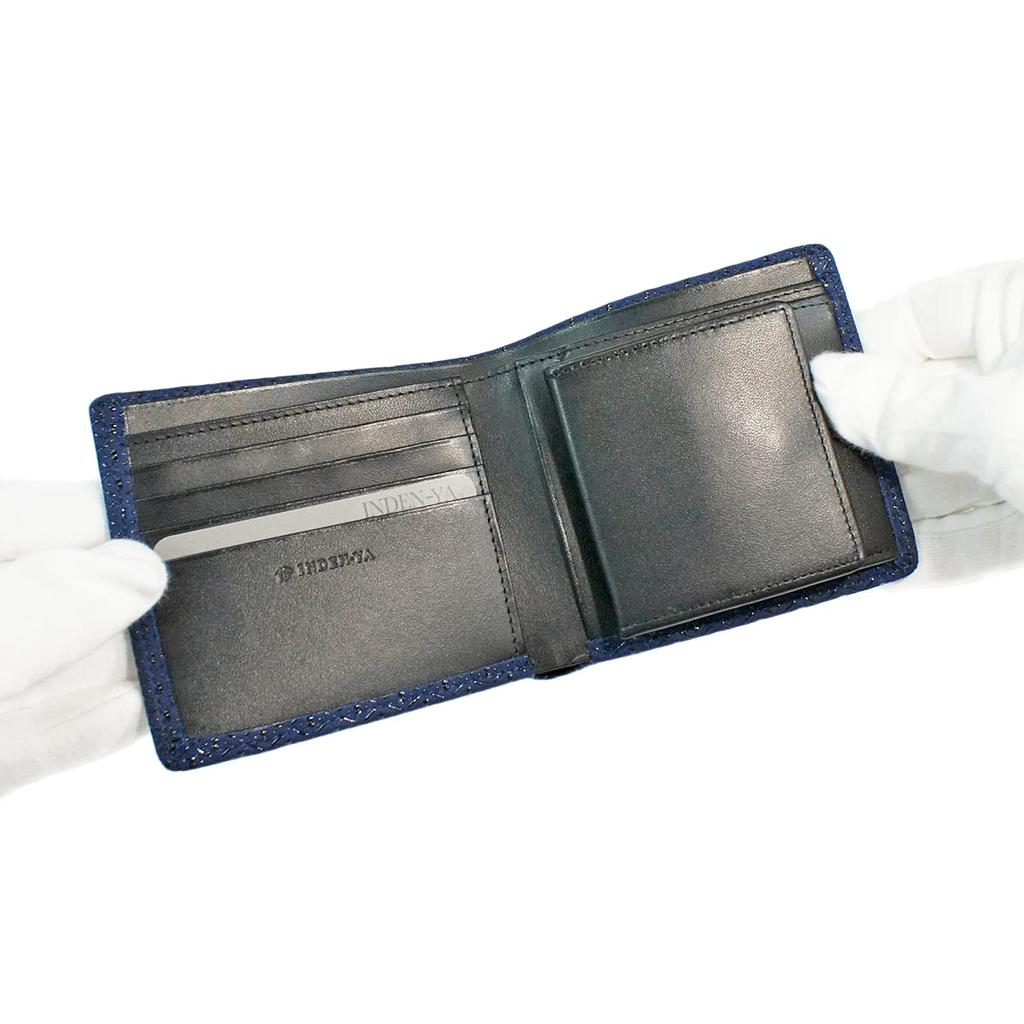 Inden Bill Compartment Coin Navy Blue with Black Gourd [Inden-ya] Bi-fold Wallet, S, Box-type Purse, Deerskin, Lacquer, Pattern, 2008-04-007