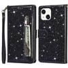 For iPhone 15 Glittery Zipper Pocket Leather Case Wallet Stand Anti-drop Phone Cover