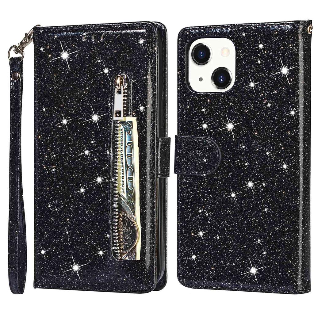 For iPhone 15 Glittery Zipper Pocket Leather Case Wallet Stand Anti-drop Phone Cover