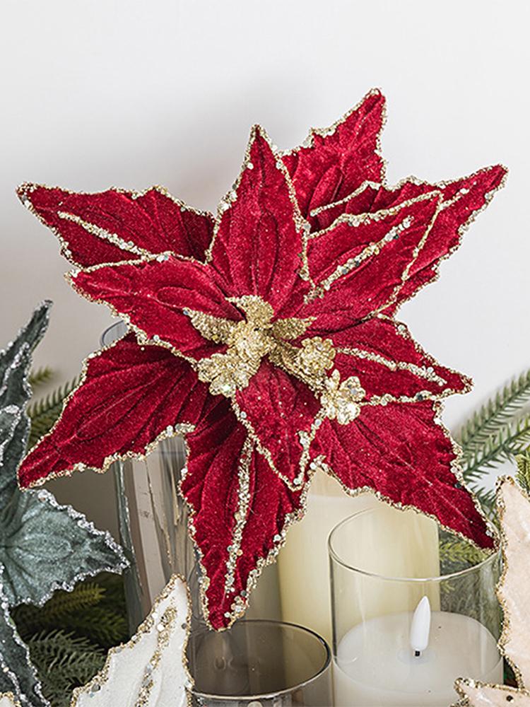 Velvet Cloth Artificial Christmas Flower Glitter Red Glitter Christmas Flower Flower Hanging Ornament Flower Hanging Ornaments