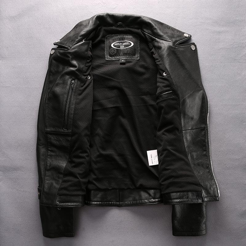HARLEYANGEL spring and autumn locomotive leather jacket men, lapel oblique zipper leather rope waist top layer cowhide leather jacket