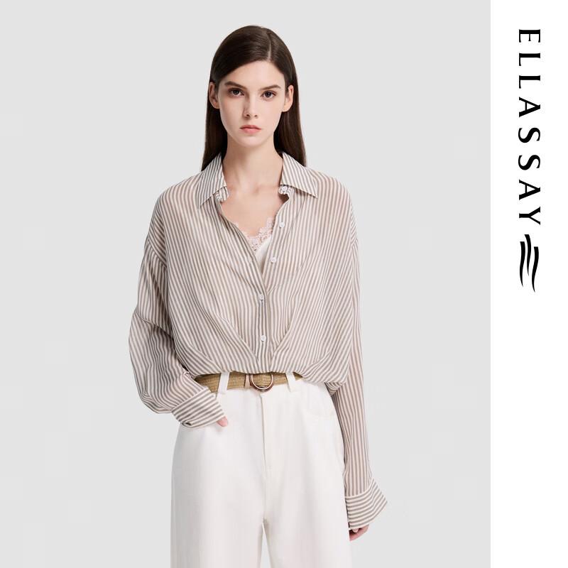 ELLASSAY Women s 100% Silk Striped Short-Sleeve Shirt L