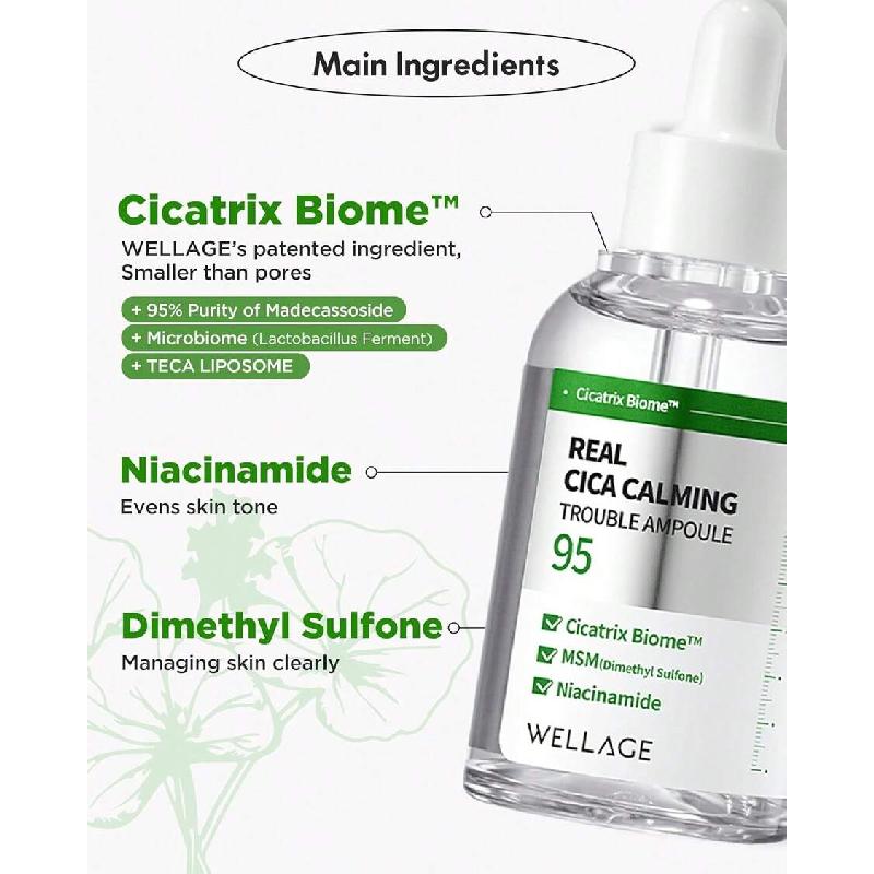 WELLAGE Real Cica Calming Trouble Ampoule 50ml - Korean Skincare Soothing Serum, Madecassoside Centella Asiatica Panthenol Niacinamide, Relief