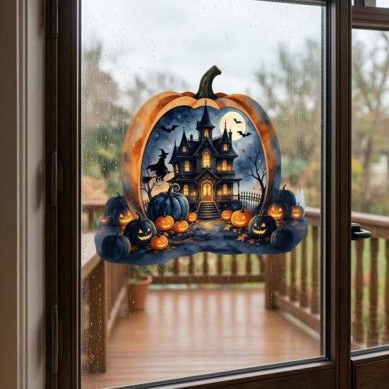 Decorative Holiday Gift for Friends Halloween Pumpkin Haunted House Static Window Stickers, Waterproof PVC Castle Outdoor Balcony Stickers