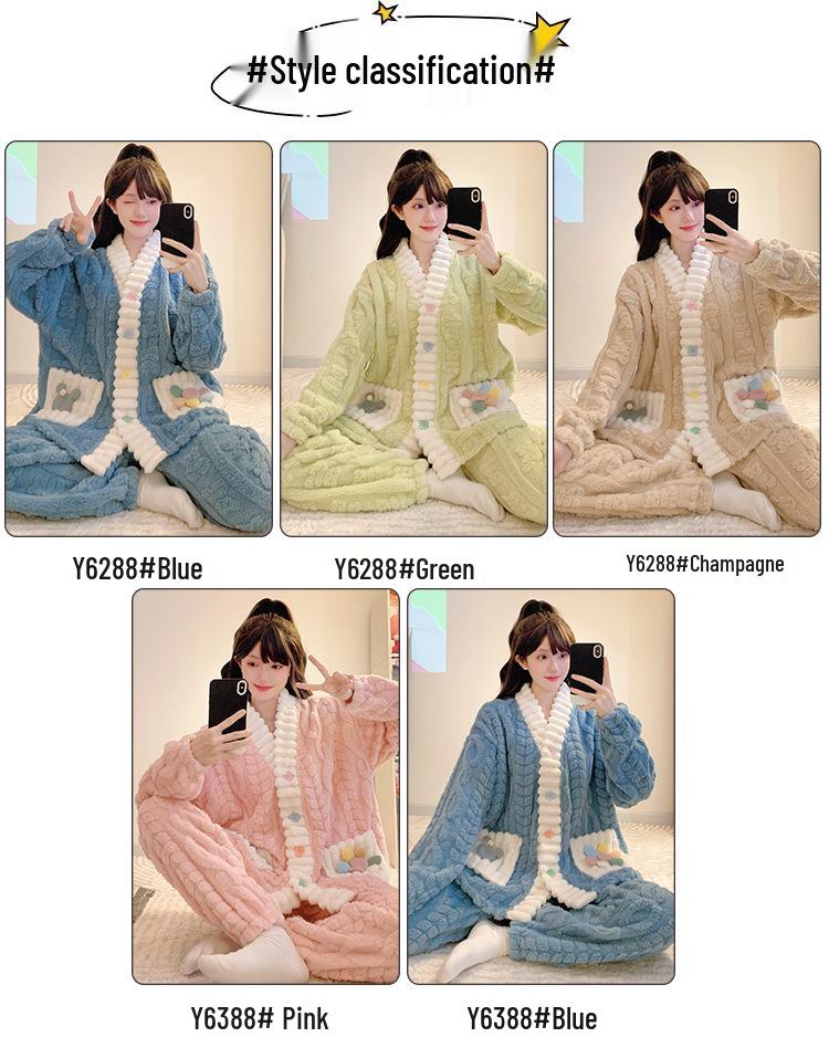 Women’s Winter Coral Fleece Pajama Set - Long Sleeve Flannel Cardigan, Thick Warm Plus Size Home Wear