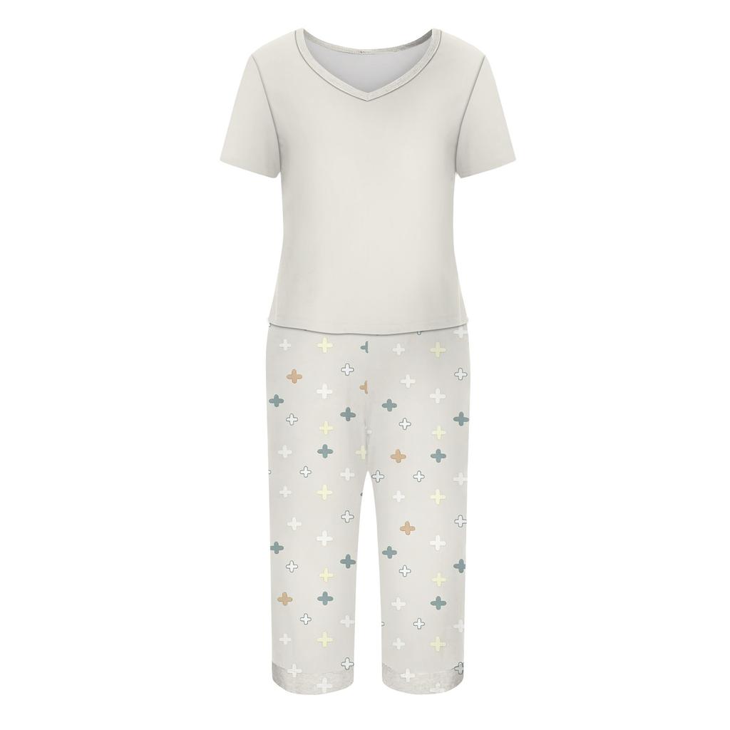 Women's Printed Two Piece Short Sleeve Pajama Set with Pants for Casual Sleepwear