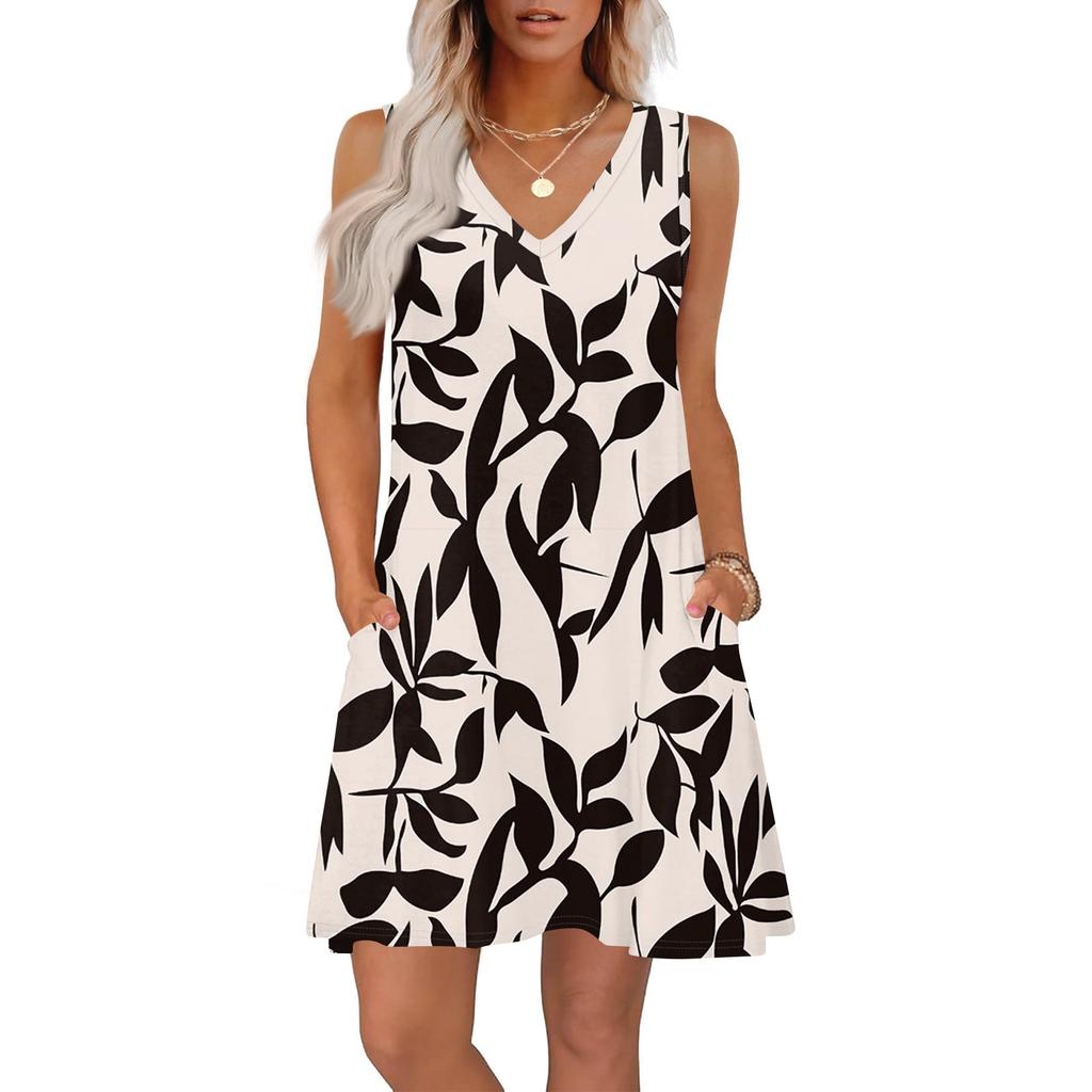 Women's Summer Dresses Loose Fit Printed V Neck Sleeveless Sundresses Beach Hawaiian Dress With Pockets