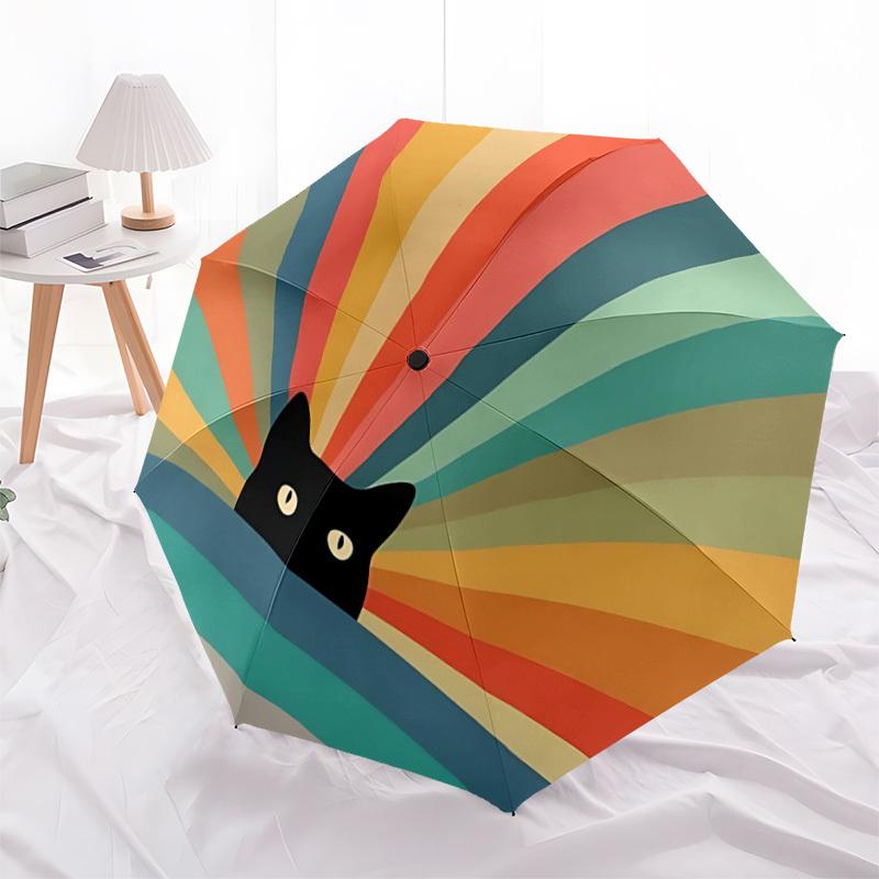 1PC Cat Rainbow Automatic Windproof Umbrella 8 Rib Portable Folding Black Iron Frame for Outdoor, Beach, Travel, Beach Umbrella,S43