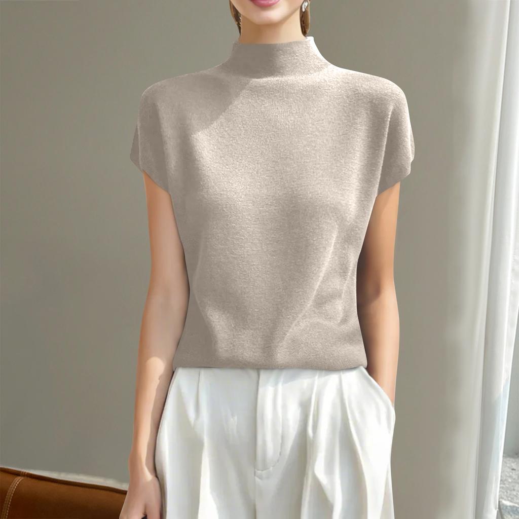 Fashion Knit Short Sleeve Half High Neck T-Shirt For Women