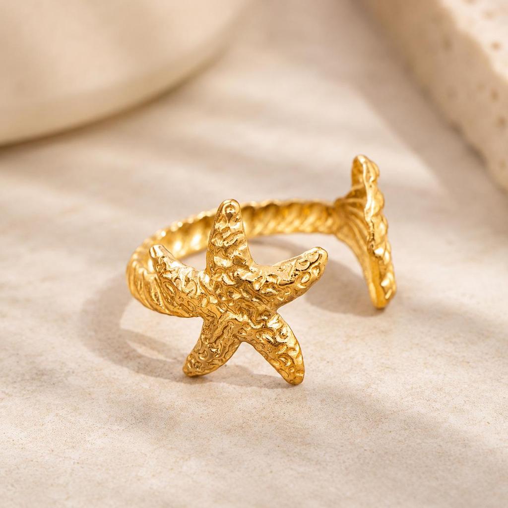 Adjustable Titanium Steel Starfish Ring – Stainless & Colorfast Hammered Design