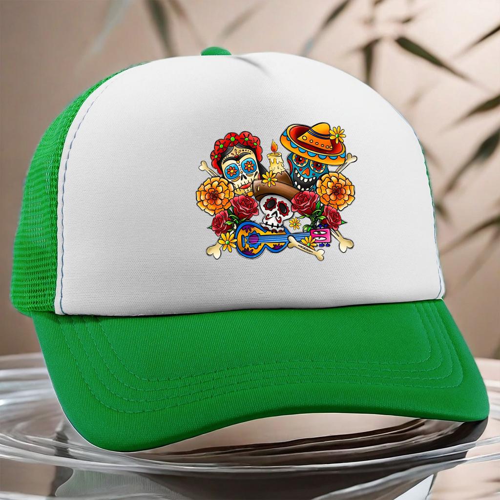 Day of the Dead Skull Print Trucker Hat Breathable Mesh Snapback Adjustable Baseball Cap Casual Pink