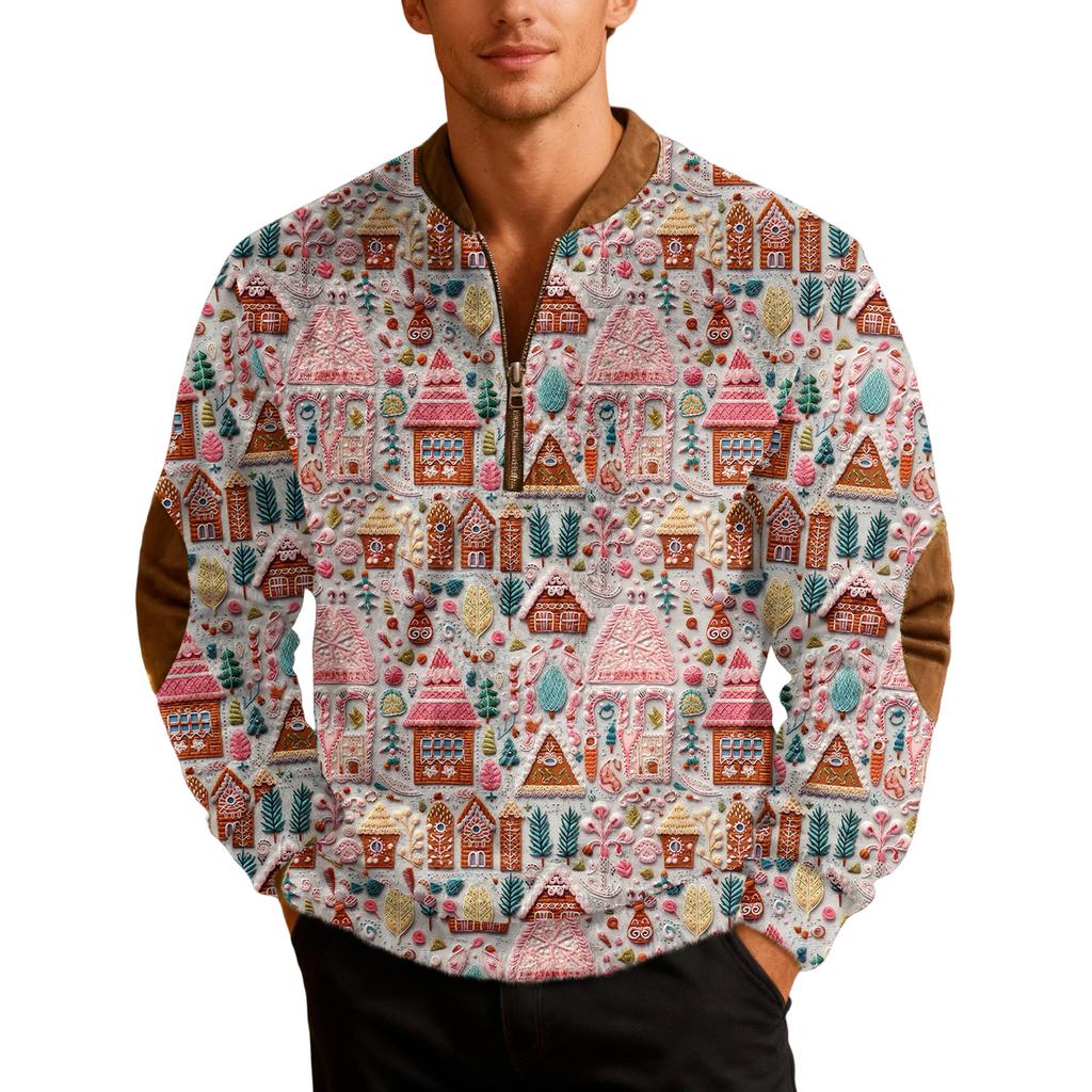 Mens Christmas Zip Up Sweatshirts Xmas Stand Collar Pullover Tops